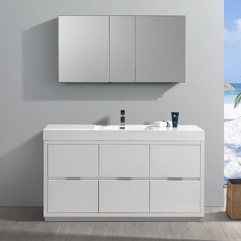 Fresca Valencia 60" Glossy White Free Standing Modern Bathroom Vanity with Medicine Cabinet FVN8460WH