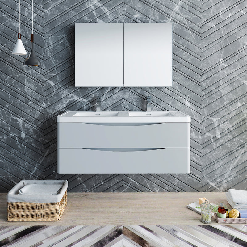 Fresca Tuscany 48" Glossy Gray Wall Hung Double Sink Modern Bathroom Vanity with Medicine Cabinet FVN9048GRG-D