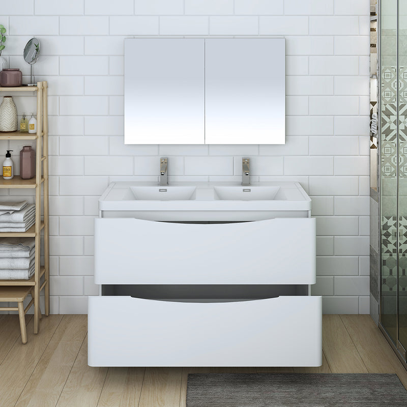 Fresca Tuscany 48" Glossy White Free Standing Double Sink Modern Bathroom Vanity with Medicine Cabinet FVN9148WH-D