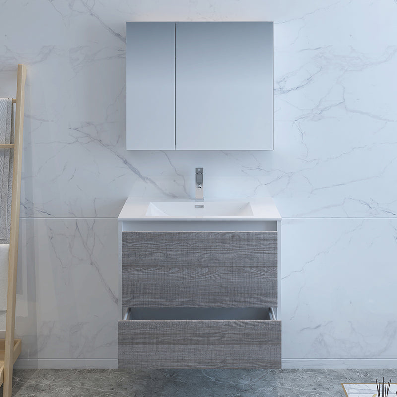 Fresca Catania 30" Glossy Ash Gray Wall Hung Modern Bathroom Vanity with Medicine Cabinet FVN9230HA