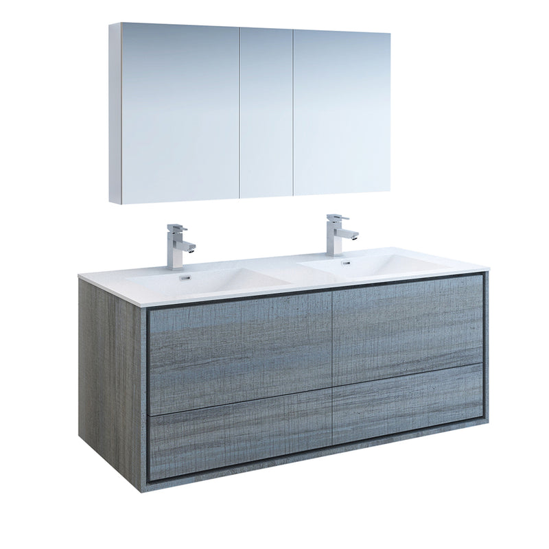 Fresca Catania 60" Ocean Gray Wall Hung Double Sink Modern Bathroom Vanity w/ Medicine Cabinet FVN9260OG-D