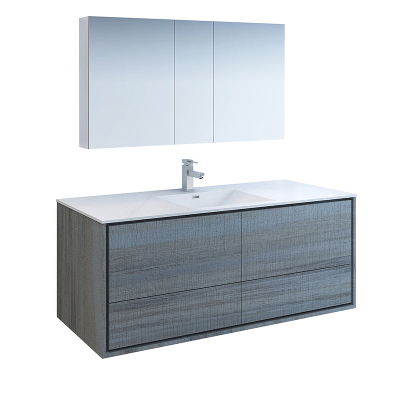 Fresca Catania 60" Ocean Gray Wall Hung Single Sink Modern Bathroom Vanity w/ Medicine Cabinet FVN9260OG-S