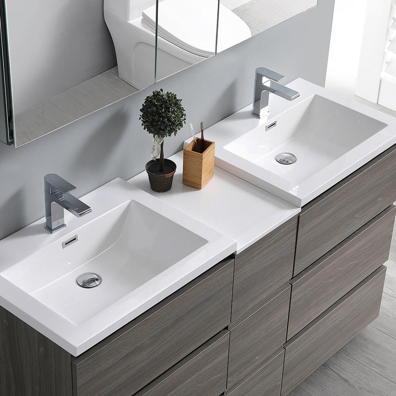 Fresca Lazzaro 60" Gray Wood Free Standing Double Sink Modern Bathroom Vanity with Medicine Cabinet FVN93-241224MGO-D