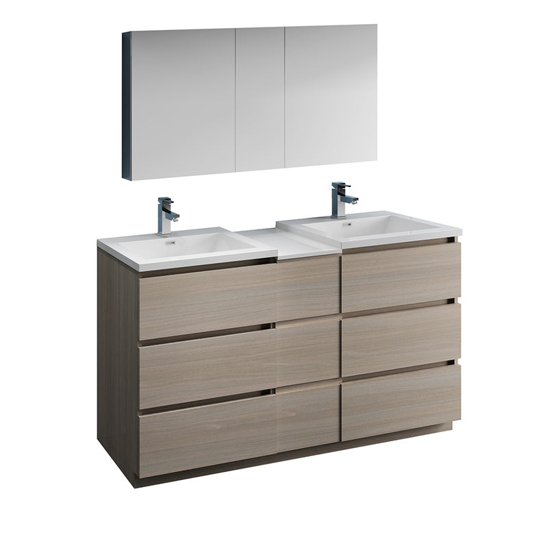 Fresca Lazzaro 60" Gray Wood Free Standing Double Sink Modern Bathroom Vanity w/ Medicine Cabinet FVN93-241224MGO-D