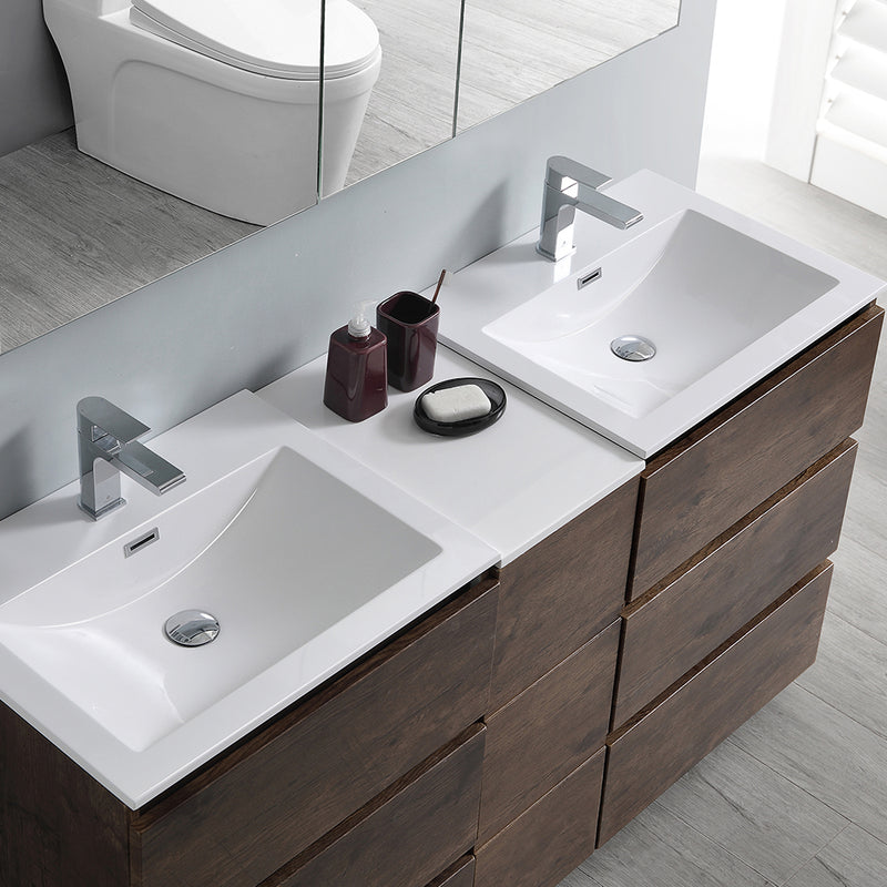 Fresca Lazzaro 60" Rosewood Free Standing Double Sink Modern Bathroom Vanity with Medicine Cabinet FVN93-241224RW-D