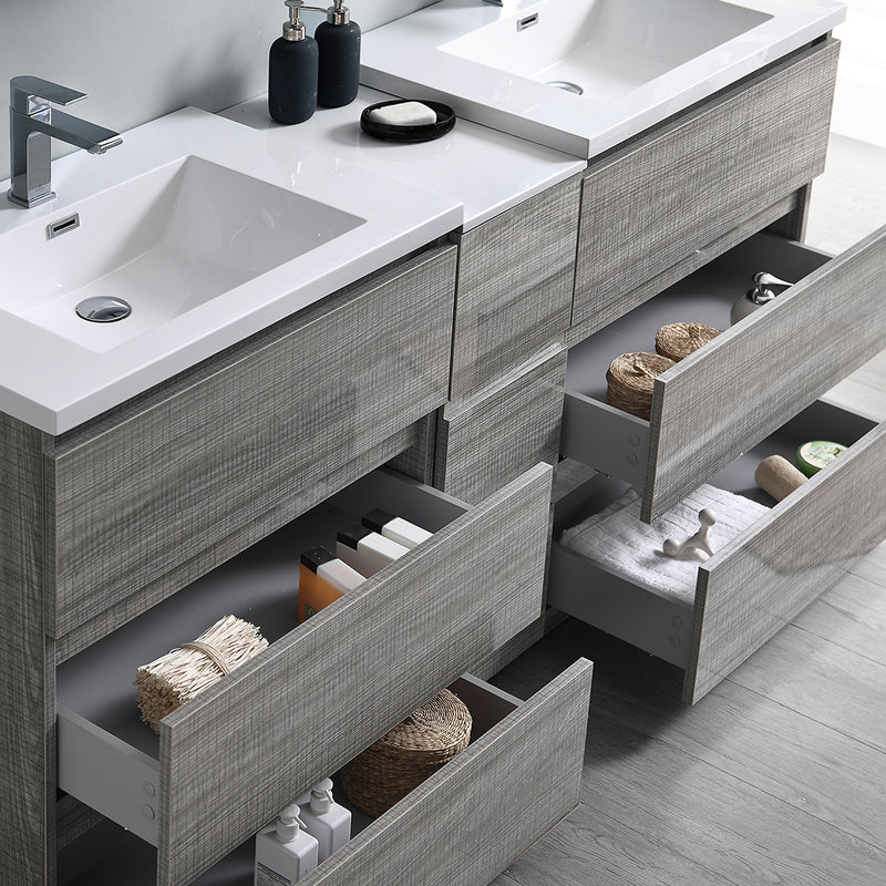 Fresca Lazzaro 72" Glossy Ash Gray Free Standing Double Sink Modern Bathroom Vanity with Medicine Cabinet FVN93-301230HA-D