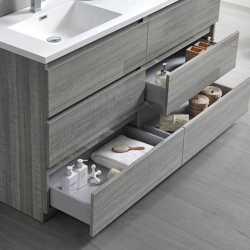 Fresca Lazzaro 60" Glossy Ash Gray Free Standing Double Sink Modern Bathroom Vanity with Medicine Cabinet FVN93-3030HA-D