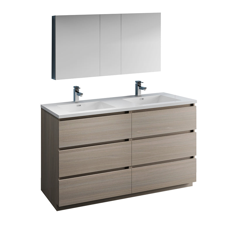 Fresca Lazzaro 60" Gray Wood Free Standing Double Sink Modern Bathroom Vanity w/ Medicine Cabinet FVN93-3030MGO-D