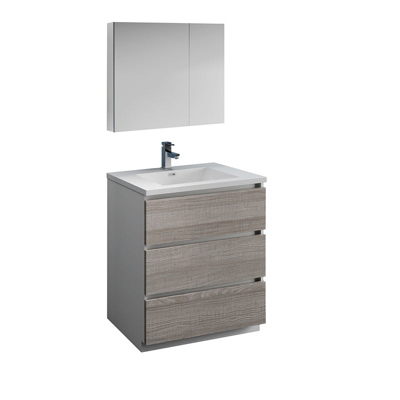 Fresca Lazzaro 30" Glossy Ash Gray Free Standing Modern Bathroom Vanity w/ Medicine Cabinet FVN9330HA