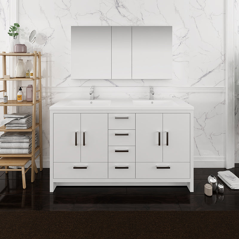 Fresca Imperia 60" Glossy White Free Standing Double Sink Modern Bathroom Vanity with Medicine Cabinet FVN9460WH-D