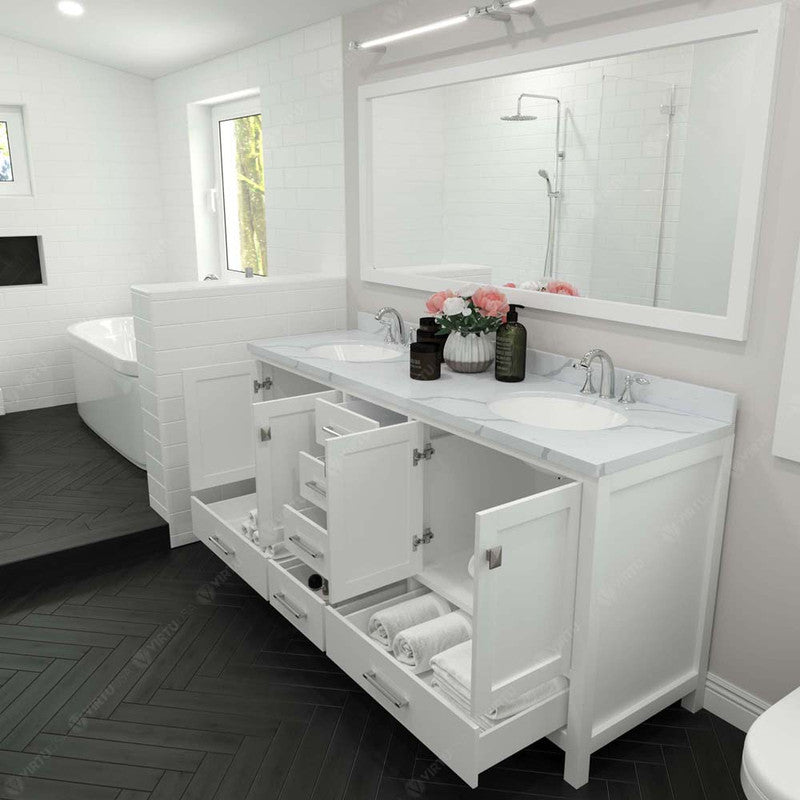 Modern Fittings Caroline Avenue 72" Double Bath Vanity with Calacatta Quartz Top and Round Sinks Faucets