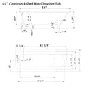 Cambridge Plumbing Cast Iron Rolled Rim Clawfoot Tub 55" x 30" 3 3/8" Drill Chrome Package