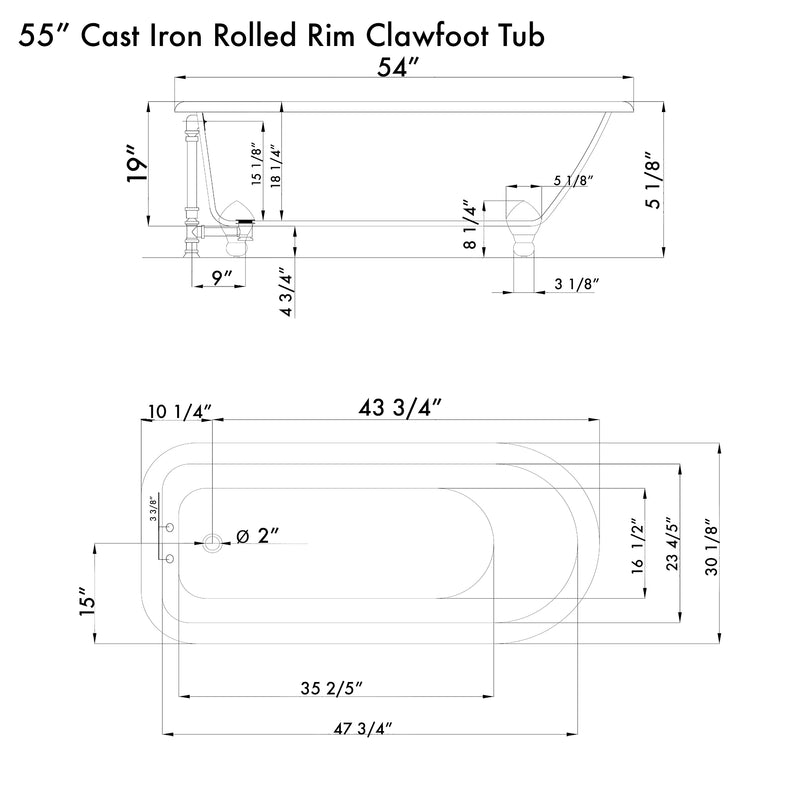 Cambridge Plumbing Cast Iron Rolled Rim Clawfoot Tub 55" x 30" 3 3/8" Drillings PC Package