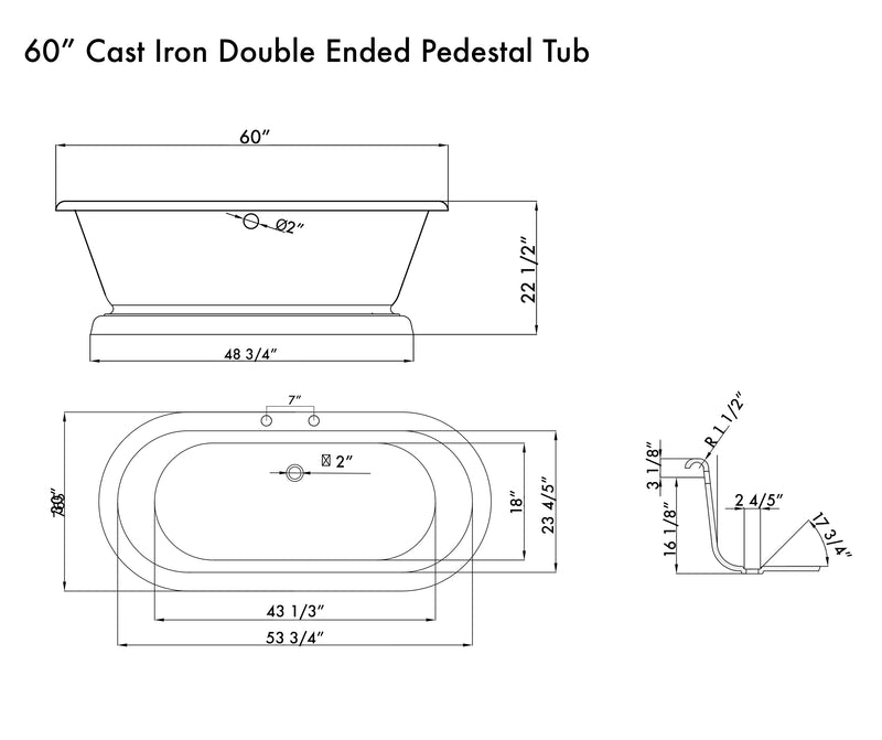 Cambridge Plumbing Cast Iron Double Ended Tub 60" x 30" 7" Drillings