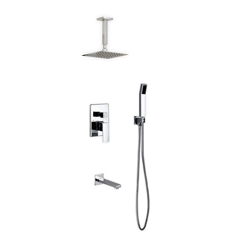 KubeBath Aqua Piazza Brass Shower Set with 8" Ceiling Mount Square Rain Shower Handheld and Tub Filler CR200HHTF3V