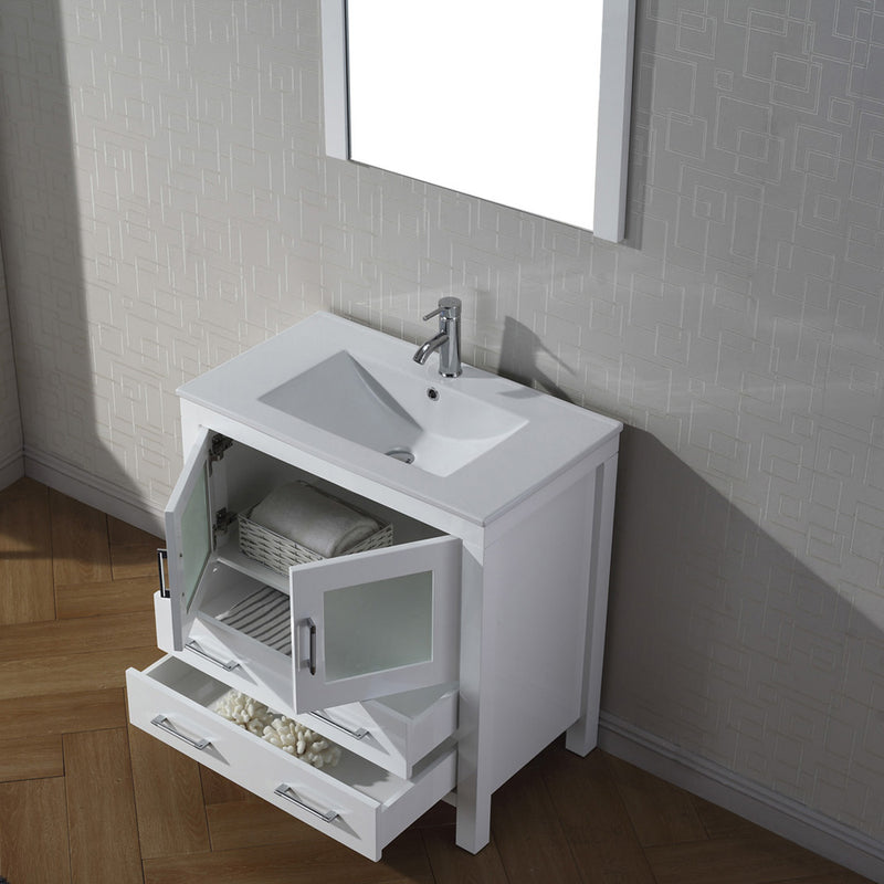 Modern Fittings Dior 30" Single Bath Vanity in White Ceramic Top and Integrated Square Sink with Matching Mirror