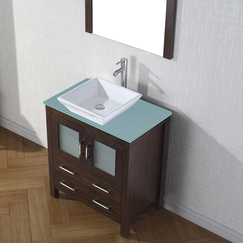 Modern Fittings Dior 30" Single Bath Vanity in Green Glass Top and Square Sink with Matching Mirror