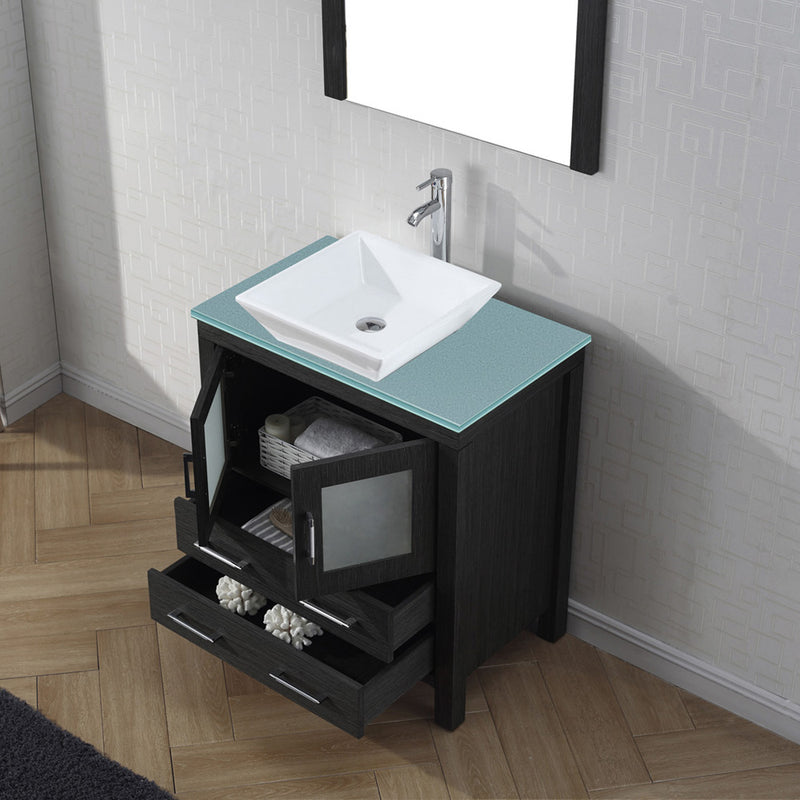 Modern Fittings Dior 30" Single Bath Vanity in Green Glass Top and Square Sink with Matching Mirror