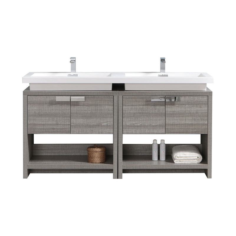 KubeBath Levi 63" Ash Gray Modern Bathroom Vanity with Cubby Hole L1600HGASH