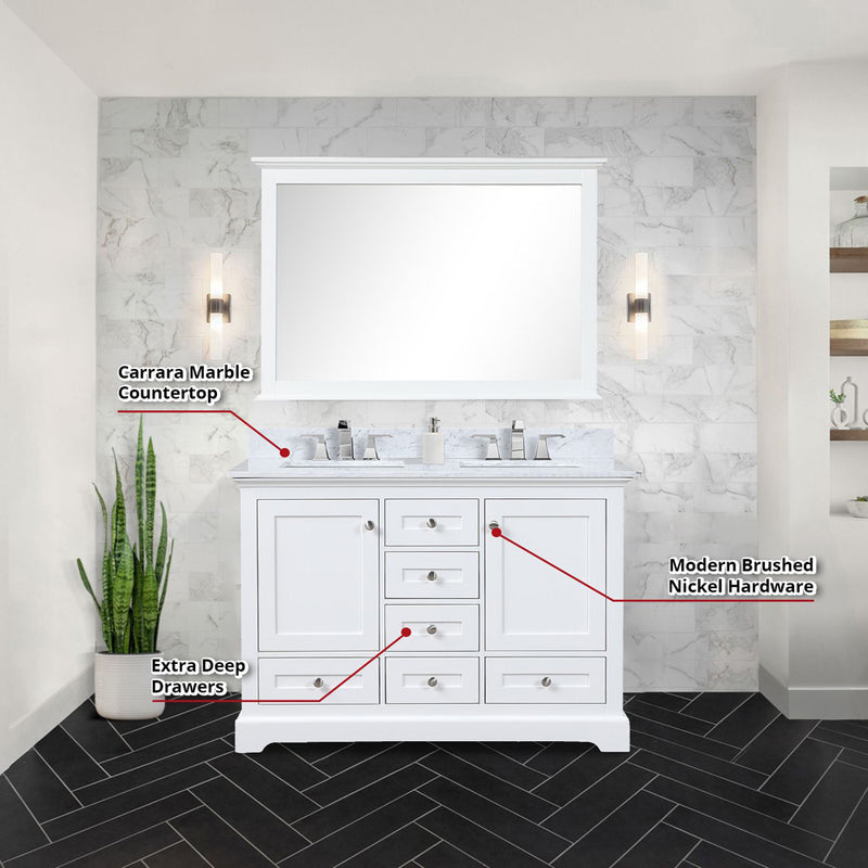 Lexora Dukes 48" W x 22" D White Bath Vanity Carrara Marble Top and 46" Mirror