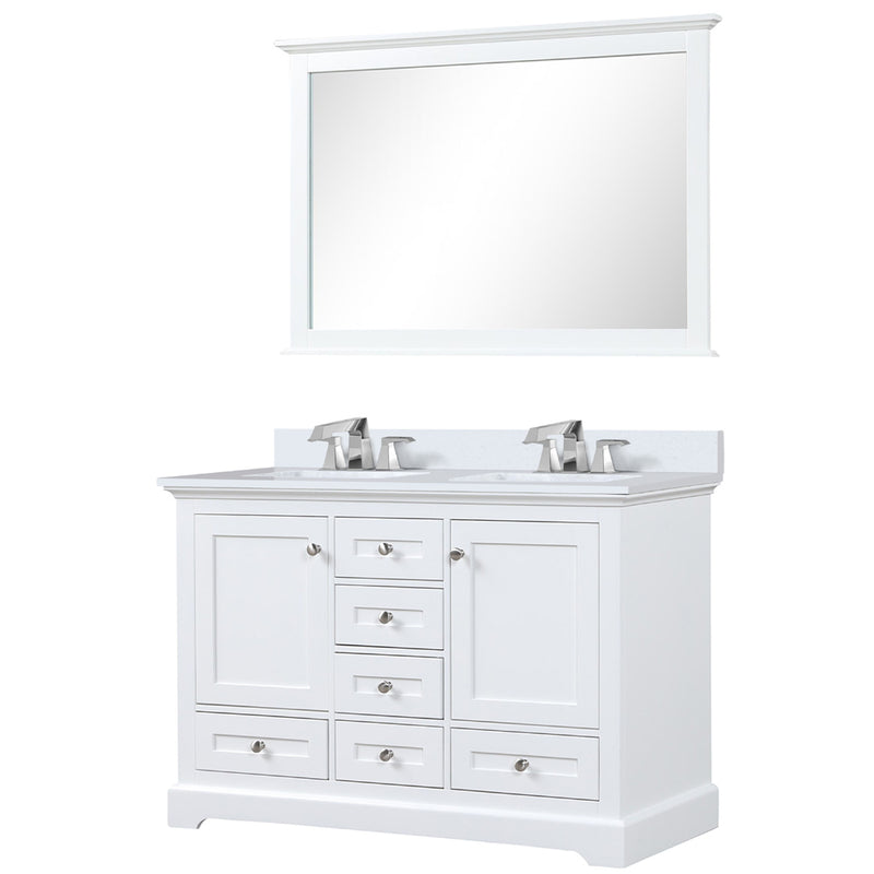 Lexora Dukes 48" W x 22" D White Bath Vanity Quartz Top with Faucet Set and 46" Mirror