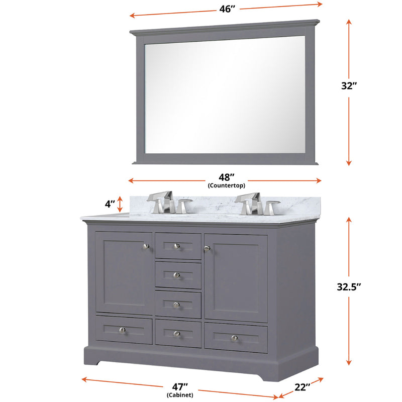 Lexora Dukes 48" W x 22" D Dark Grey Bath Vanity Carrara Marble Top with Faucet Set 46" Mirror