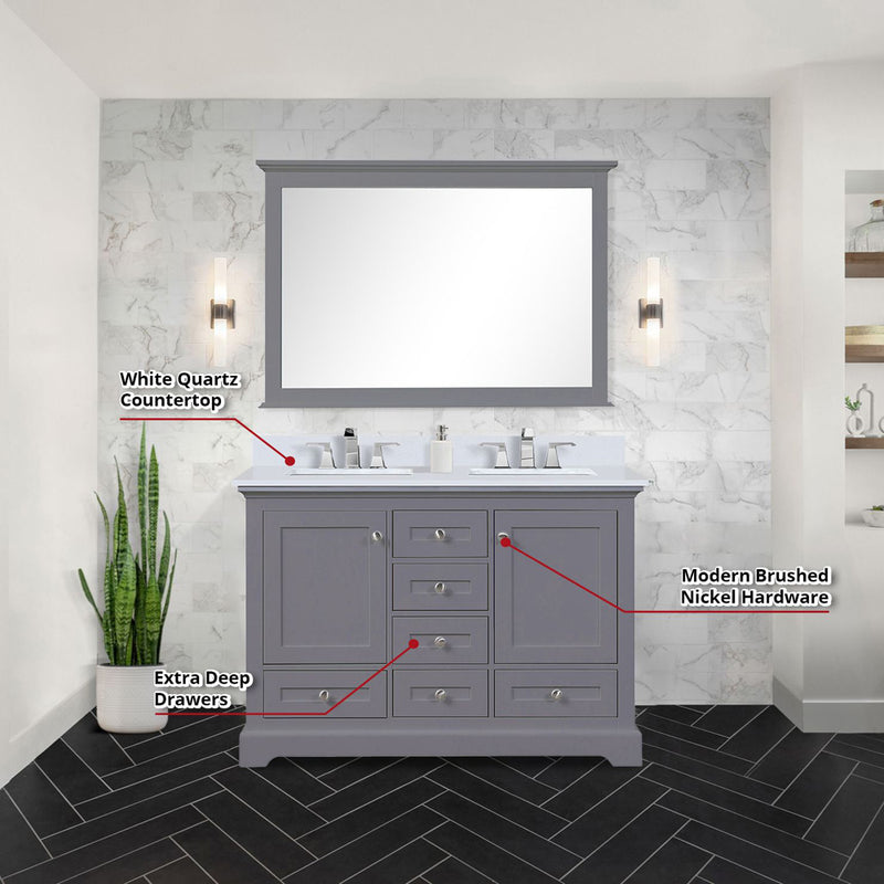 Lexora Dukes 48" W x 22" D Dark Grey Bath Vanity Quartz Top with Faucet Set and 46" Mirror