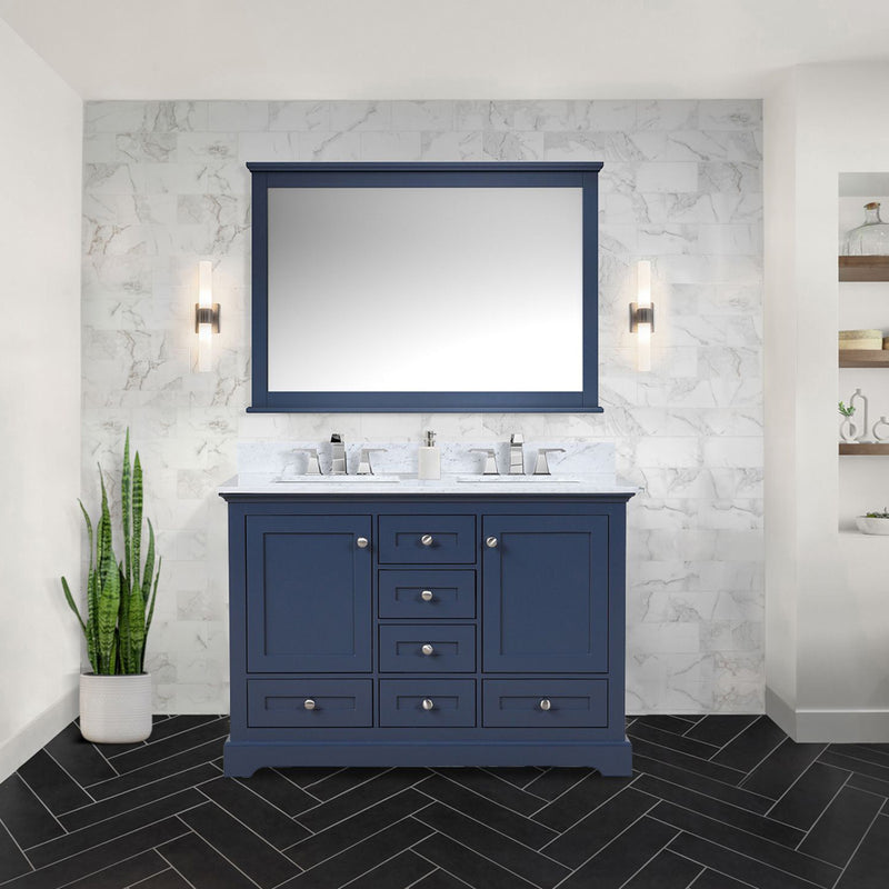 Lexora Dukes 48" W x 22" D Navy Blue Bath Vanity Carrara Marble Top 46" Mirror