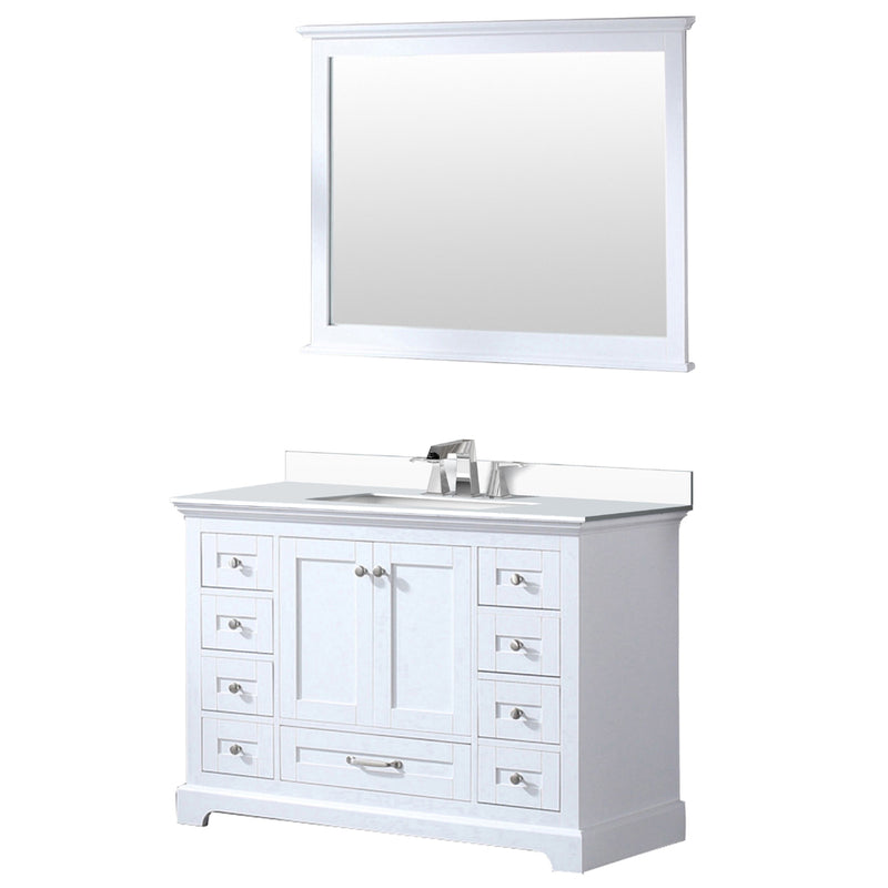 Lexora Dukes 48" W x 22" D White Bath Vanity Quartz Top with Faucet Set and 46" Mirror