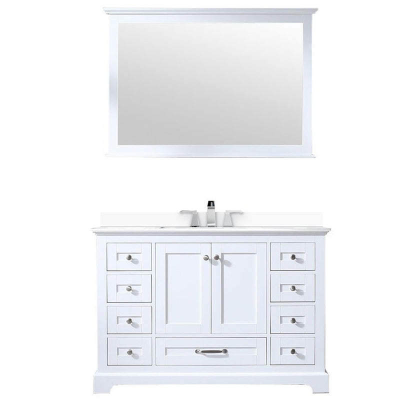 Lexora Dukes 48" W x 22" D White Bath Vanity Quartz Top with Faucet Set and 46" Mirror