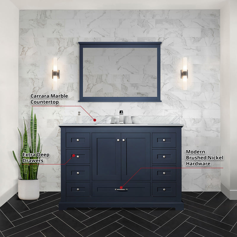 Lexora Dukes 48" W x 22" D Navy Blue Bath Vanity Carrara Marble Top 46" Mirror