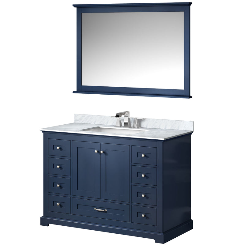 Lexora Dukes 48" W x 22" D Navy Blue Bath Vanity Carrara Marble Top with Faucet Set and 46" Mirror