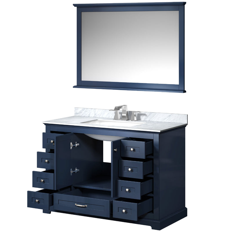 Lexora Dukes 48" W x 22" D Navy Blue Bath Vanity Carrara Marble Top with Faucet Set and 46" Mirror