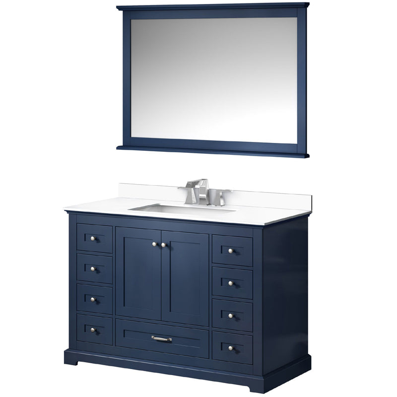 Lexora Dukes 48" W x 22" D Navy Blue Bath Vanity Quartz Top with Faucet Set and 46" Mirror