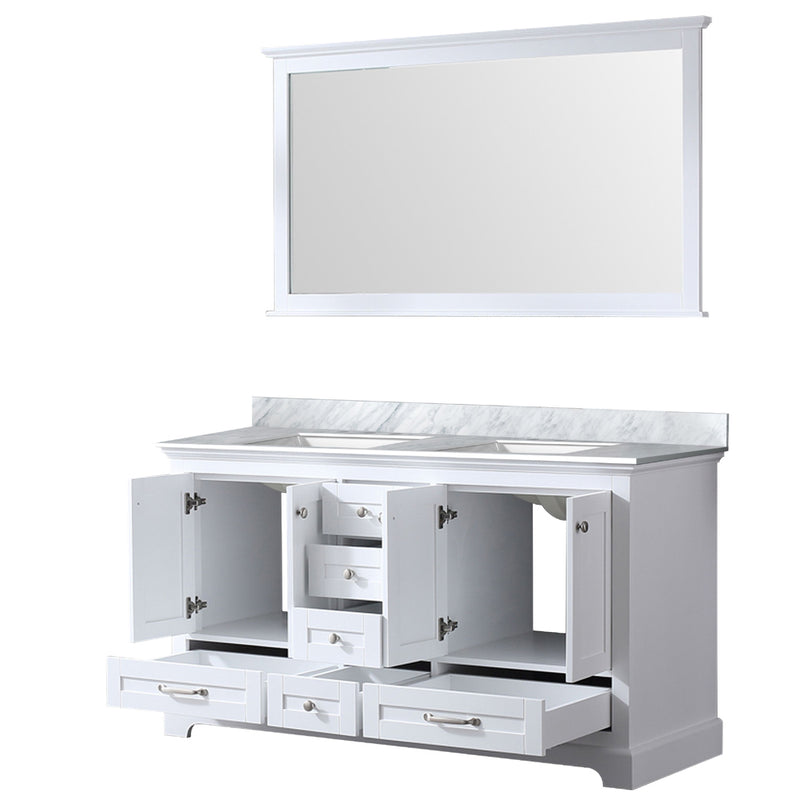 Lexora Dukes 60" W x 22" D White Double Bath Vanity Carrara Marble Top and 58" Mirror