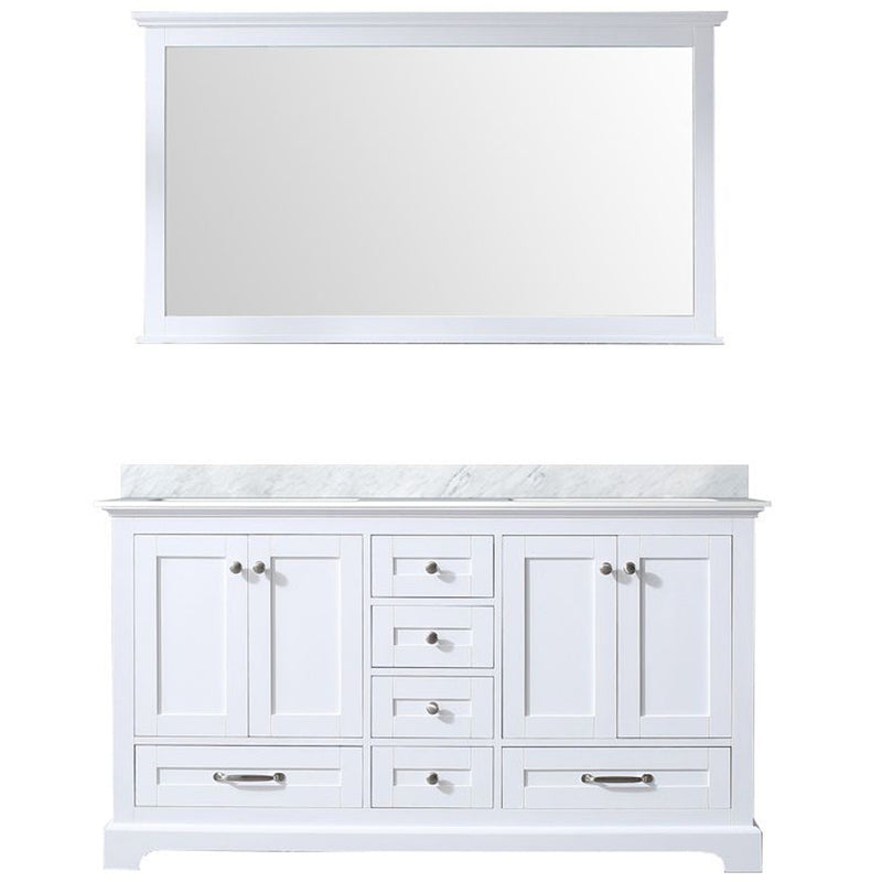 Lexora Dukes 60" W x 22" D White Double Bath Vanity Carrara Marble Top and 58" Mirror