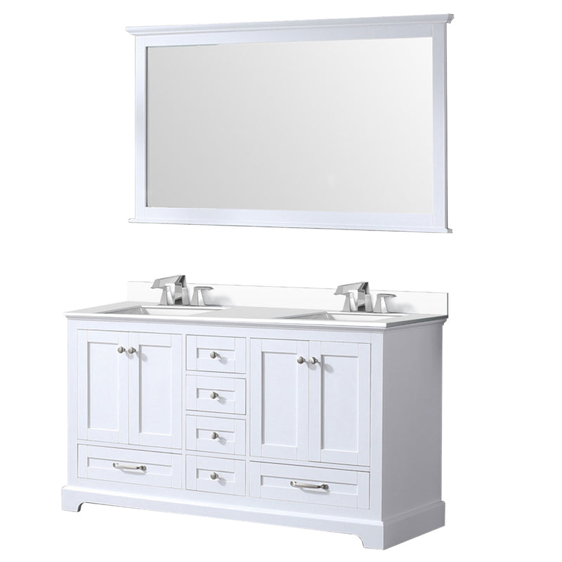 Lexora Dukes 60" W x 22" D White Double Bath Vanity Carrara Marble Top with Faucet Set and 58" Mirror