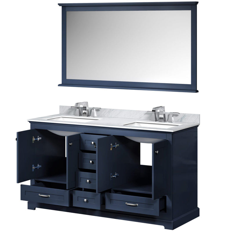 Lexora Dukes 60" W x 22" D Navy Blue Double Bath Vanity Carrara Marble Top with Faucet Set and 58" Mirror