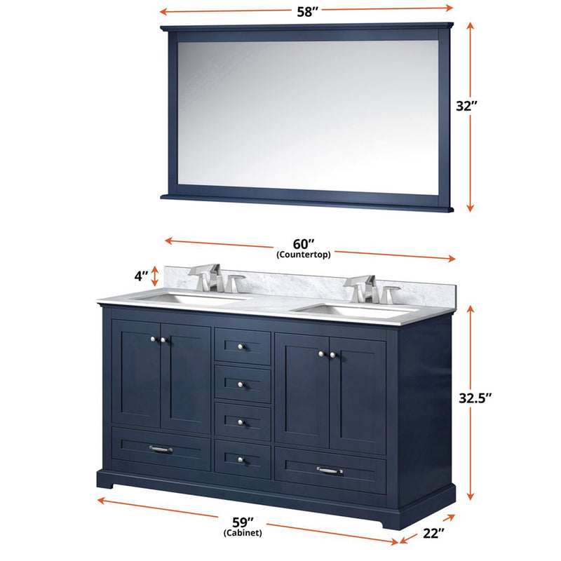 Lexora Dukes 60" W x 22" D Navy Blue Double Bath Vanity Carrara Marble Top with Faucet Set and 58" Mirror