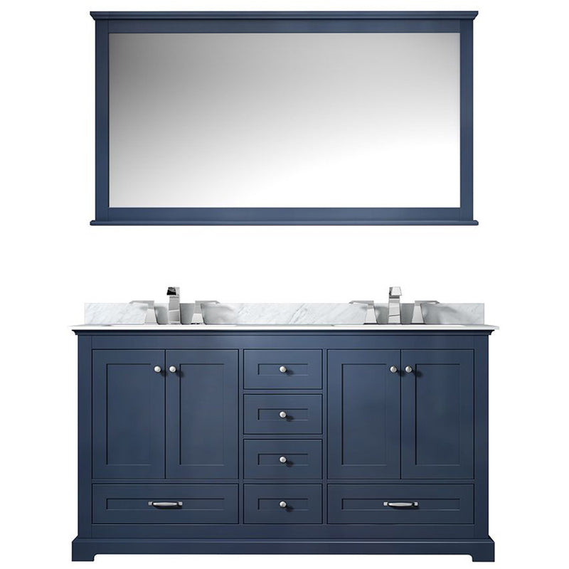 Lexora Dukes 60" W x 22" D Navy Blue Double Bath Vanity Carrara Marble Top with Faucet Set and 58" Mirror