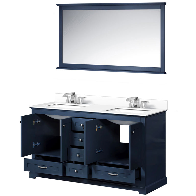 Lexora Dukes 60" W x 22" D Navy Blue Double Bath Vanity Carrara Marble Top with Faucet Set and 58" Mirror