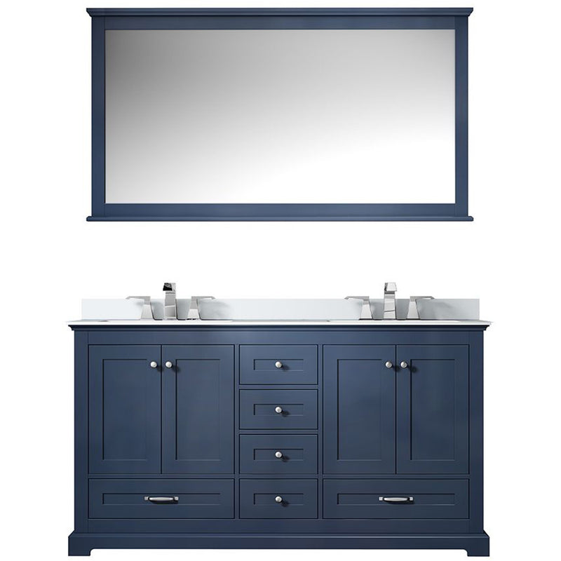 Lexora Dukes 60" W x 22" D Navy Blue Double Bath Vanity Carrara Marble Top with Faucet Set and 58" Mirror