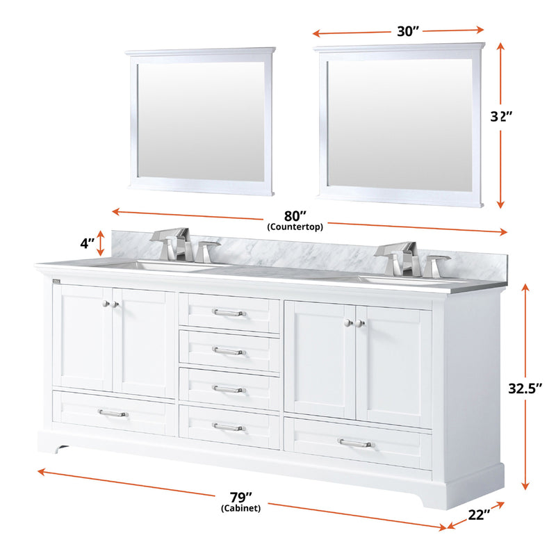 Lexora Dukes 80" W x 22" D White Double Bath Vanity and Carrara Marble Top