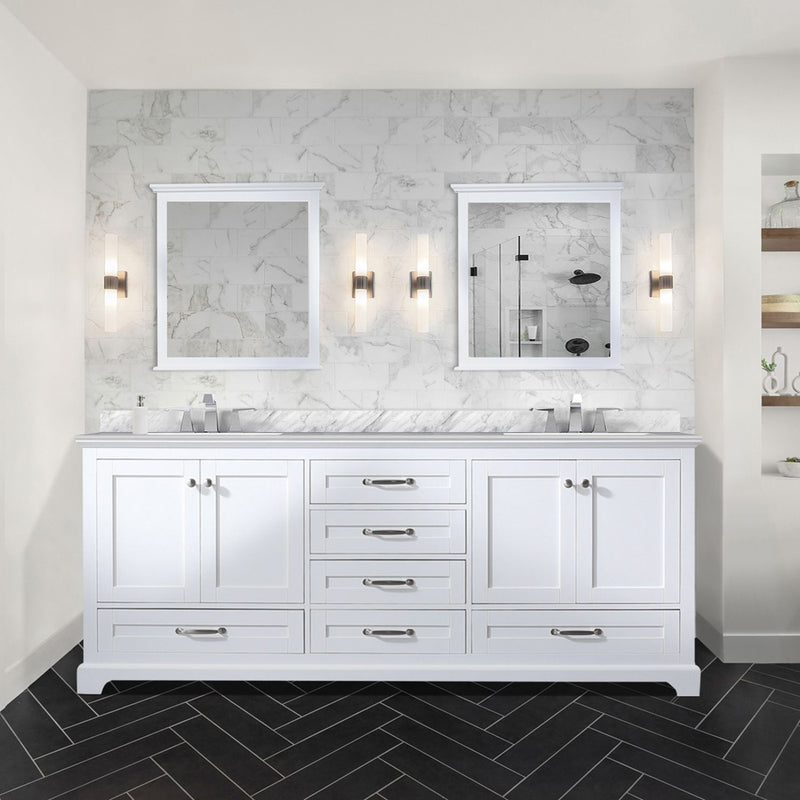 Lexora Dukes 80" W x 22 " D White Double Bath Vanity Carrara Marble Top with Faucet Set and 30" Mirrors