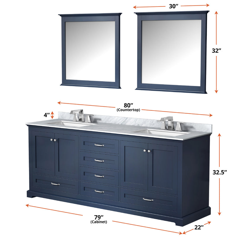 Lexora Dukes 80" W x 22 " D Navy Blue Double Bath Vanity Carrara Marble Top with Faucet Set and 30" Mirrors