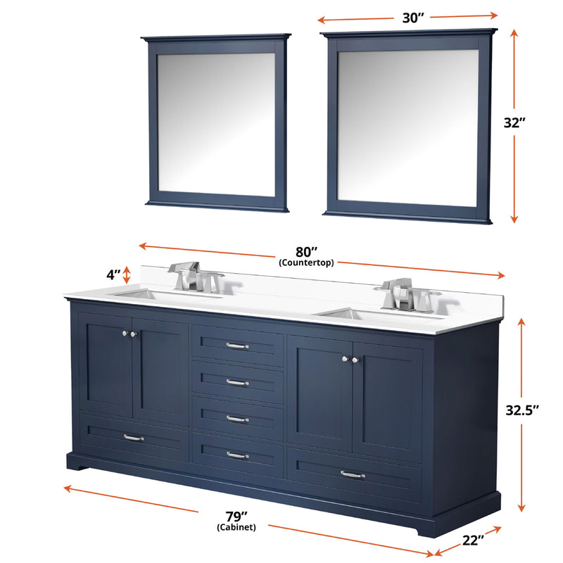 Lexora Dukes 80" W x 22 " D Navy Blue Double Bath Vanity Carrara Marble Top and 30" Mirrors