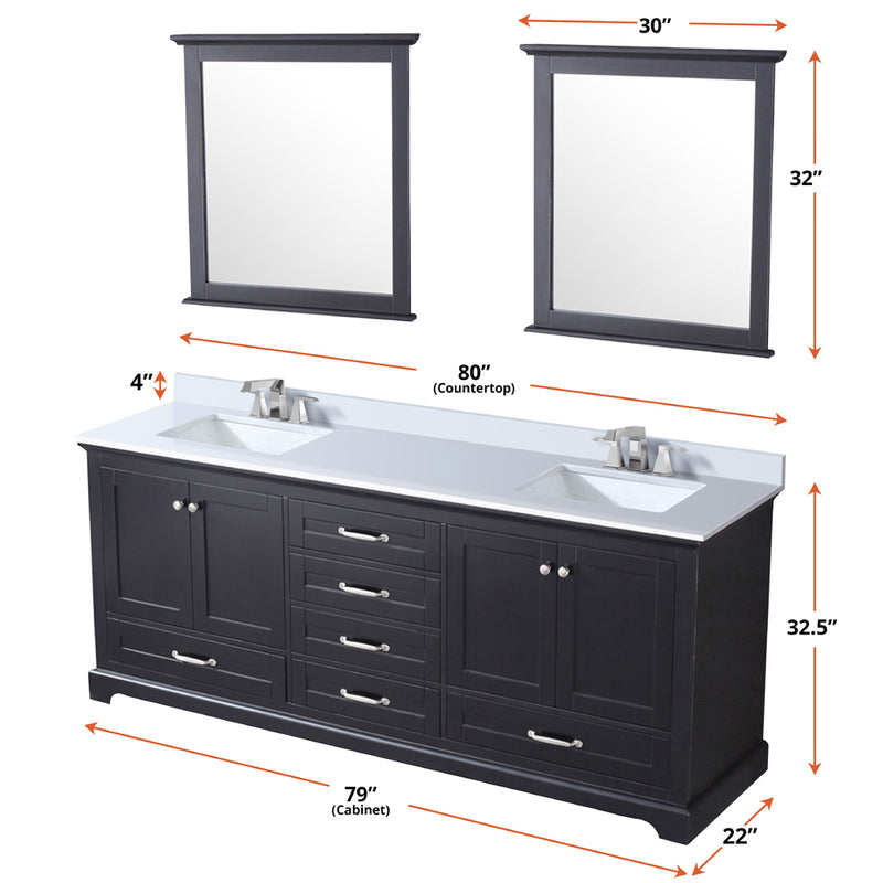 Lexora Dukes 80" W x 22 " D Espresso Double Bath Vanity Carrara Marble Top with Faucet Set and 30" Mirrors