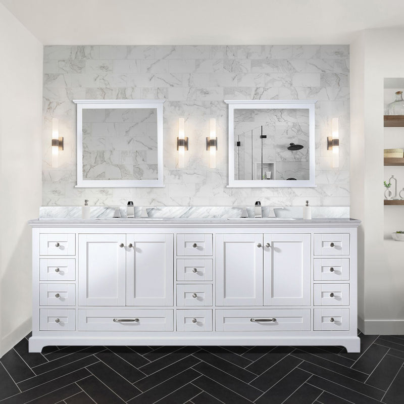 Lexora Dukes 84" W x 22" D White Double Bath Vanity Carrara Marble Top and 34" Mirrors