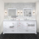 Lexora Dukes 84" W x 22" D White Double Bath Vanity Carrara Marble Top with Faucet Set and 34" Mirrors