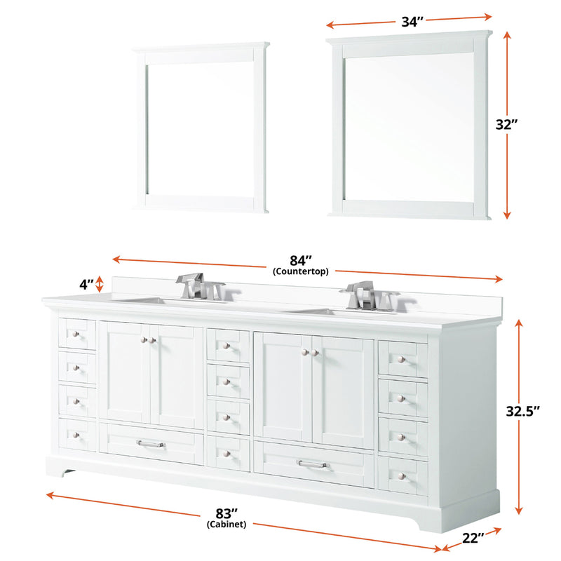 Lexora Dukes 84" W x 22" D White Double Bath Vanity Carrara Marble Top and 34" Mirrors